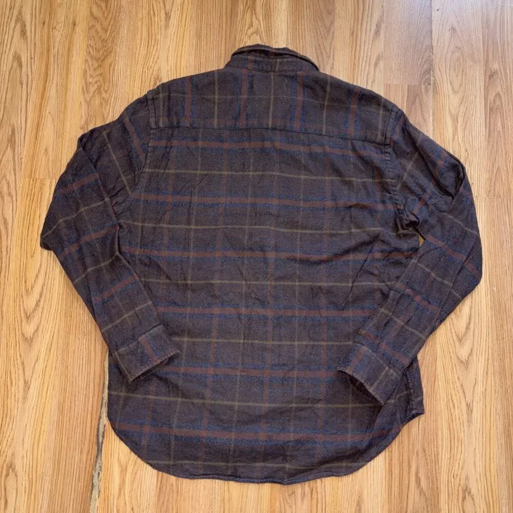 Road to Nowhere Charcoal Brown Slate Blue Organic Cotton Flannel Shirt Plaid L